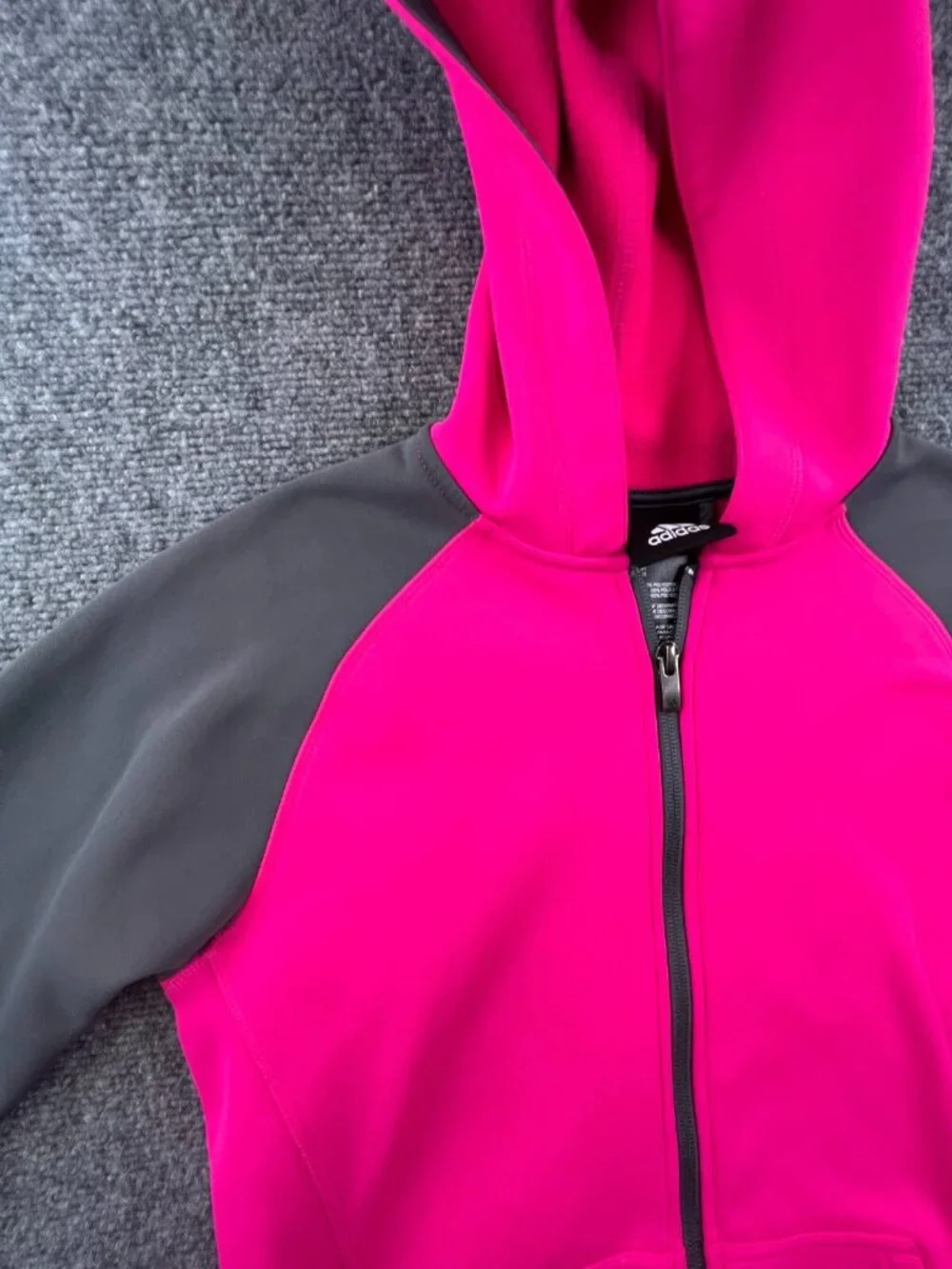 Adidas Girls Jacket 14 Large Gray Pink Hoodie Full Zip w Logo Fleece Inside